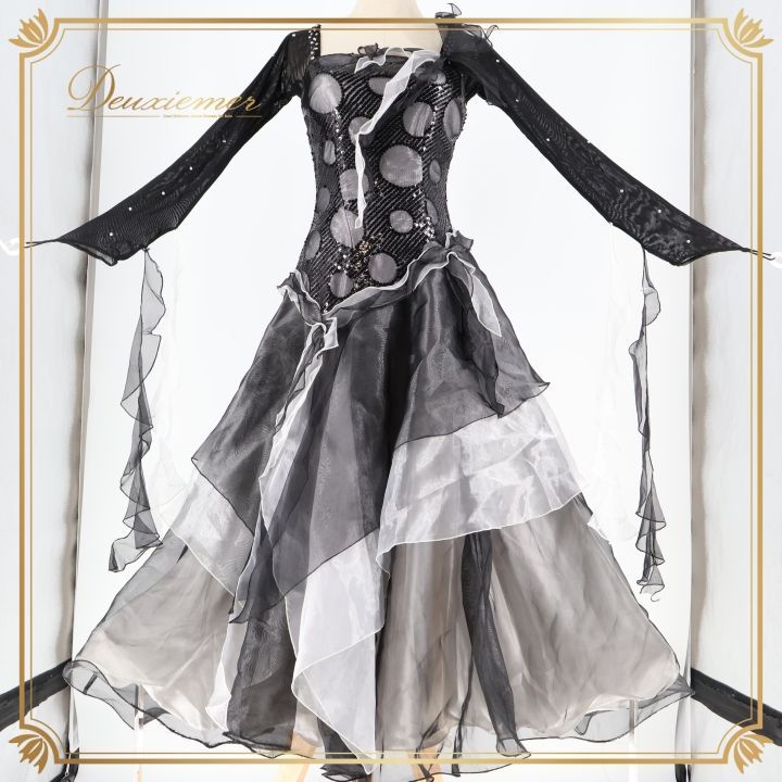 社交ダンス 衣装 ドレス ワンピース パーティドレス クリエイトサン Create Sun 水玉 フリル レース ブラック系 ホワイト系 シルバー系 軽量 動きやすい フェミニン かわいい ドレスアップ イベント用 女性用