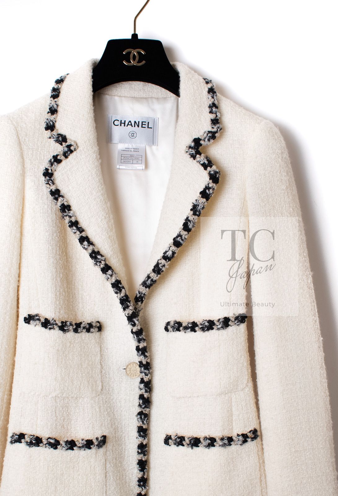 シャネル ジャケット CHANEL アイボリー ブラック トリミング ウール