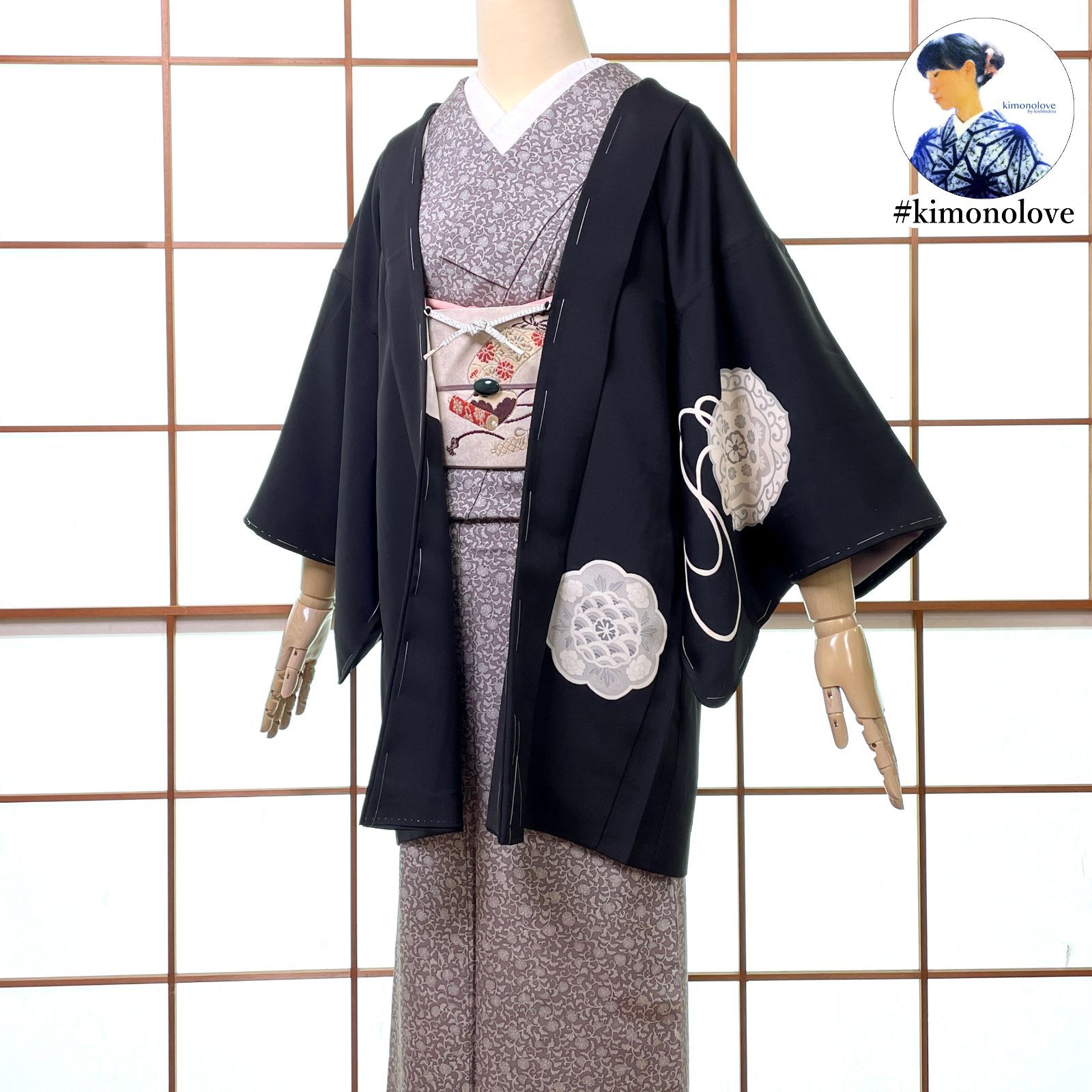 羽織 絵羽織 正絹 刺繍 鏡裏 華紋 瑞鳥 ブラック 羽織紐付き 着物