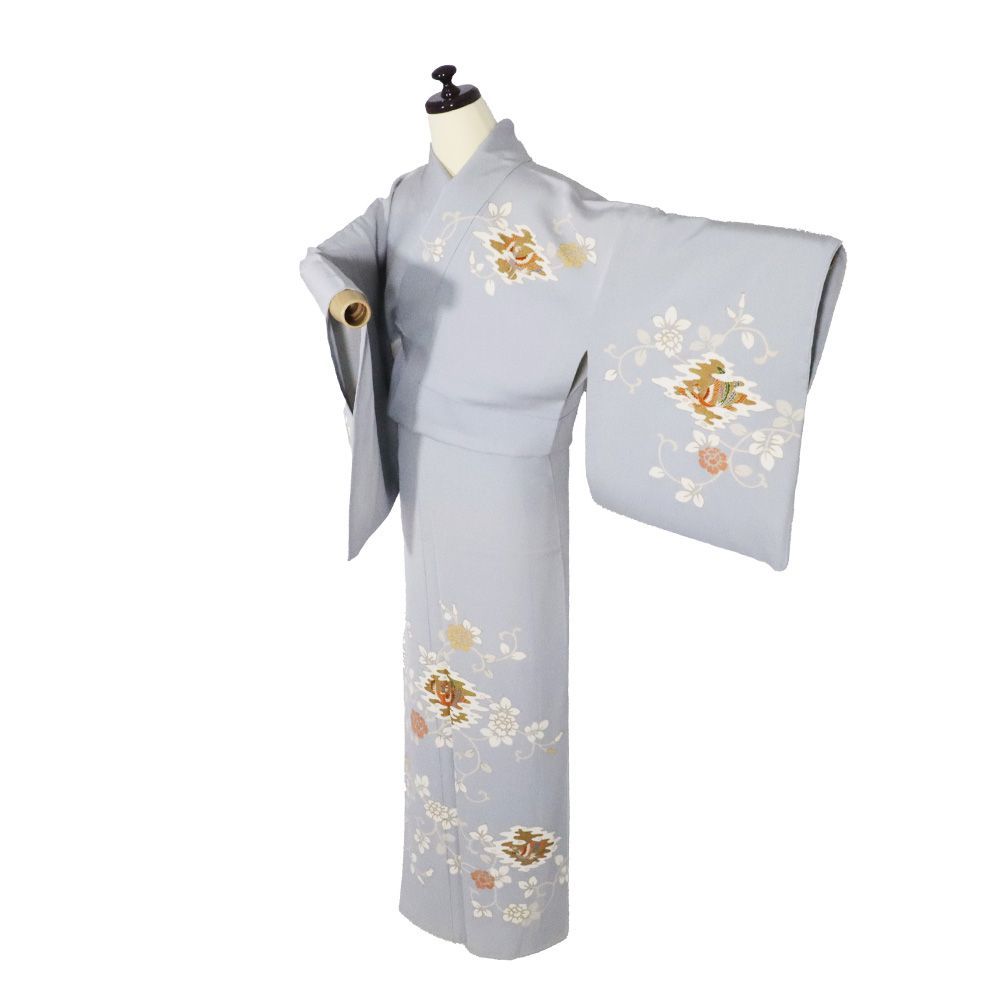 訪問着 袷 正絹 グレー 金箔 花喰鳥 唐花 Mサイズ ki31344 美品