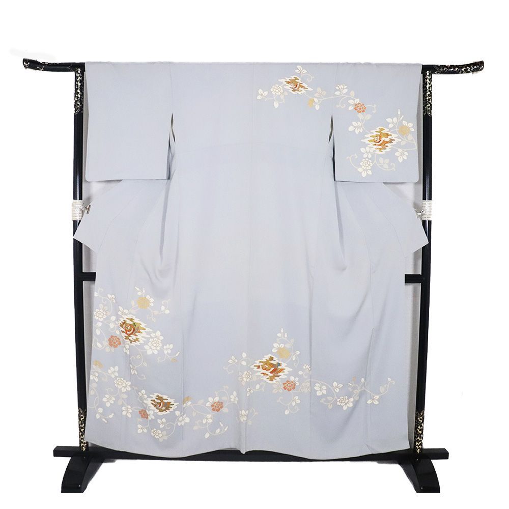訪問着 袷 正絹 グレー 金箔 花喰鳥 唐花 Mサイズ ki31344 美品