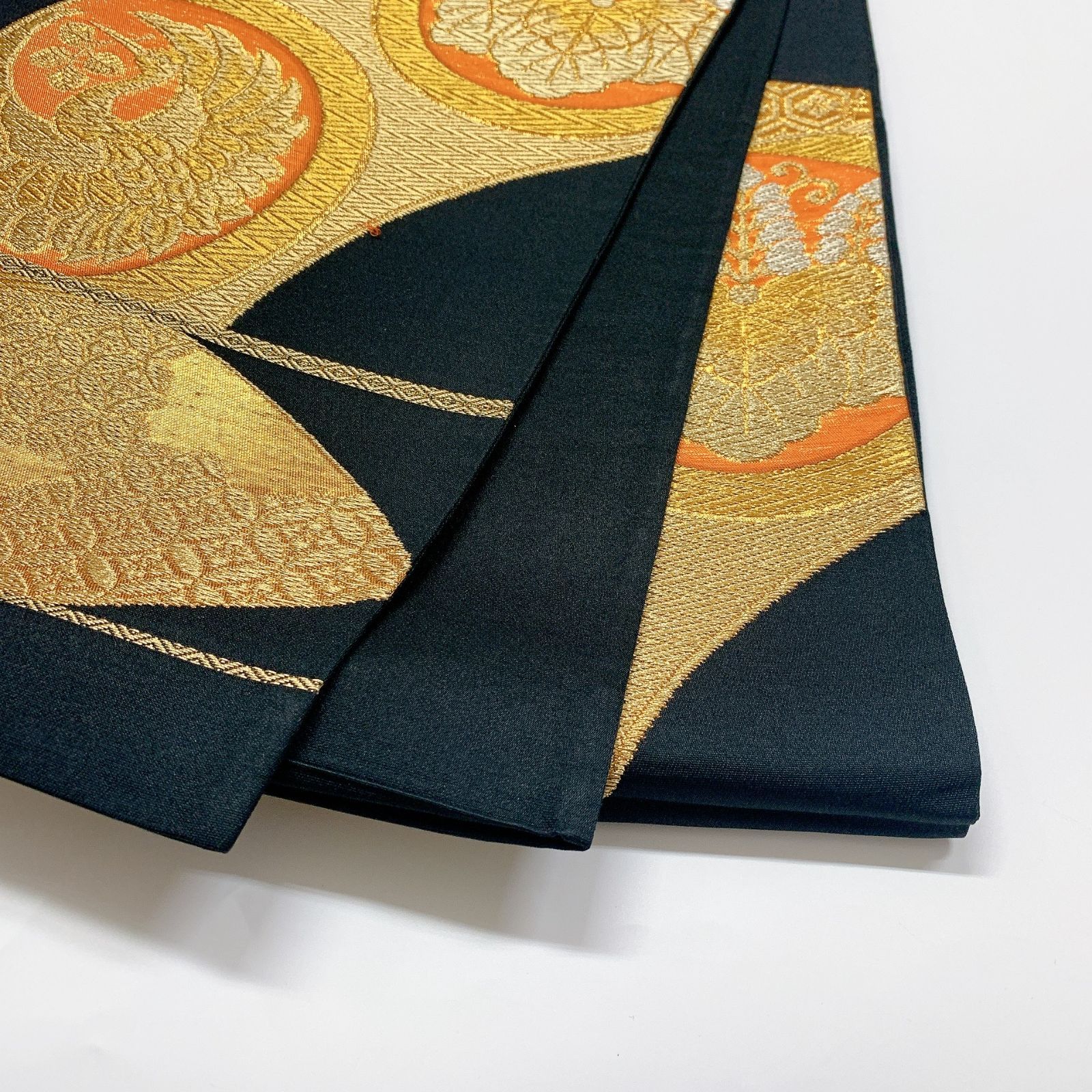 6063］袋帯 扇桐鳳凰蝶吉祥文様 金糸 六通 未仕立て 黒 正絹 着物