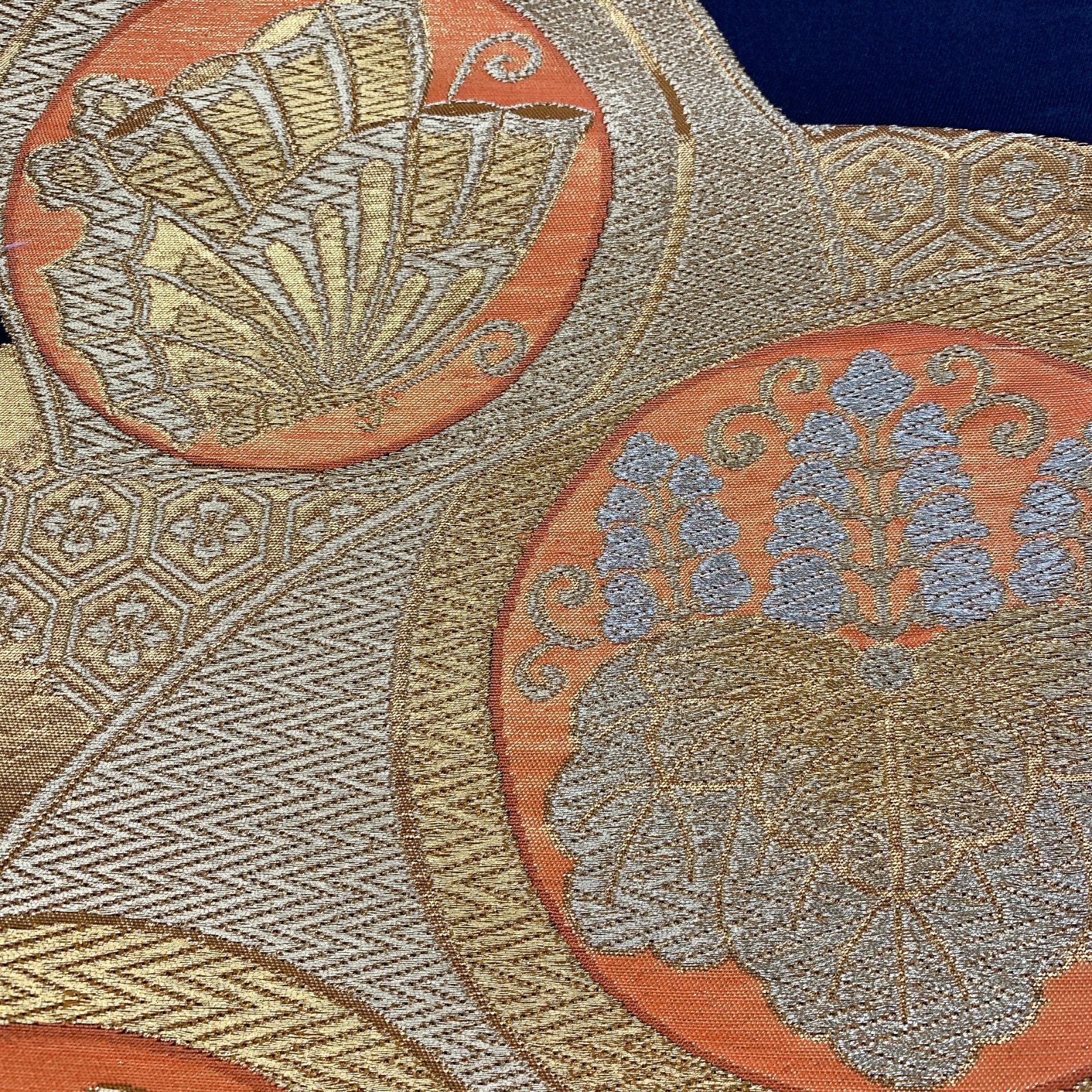 6063］袋帯 扇桐鳳凰蝶吉祥文様 金糸 六通 未仕立て 黒 正絹 着物