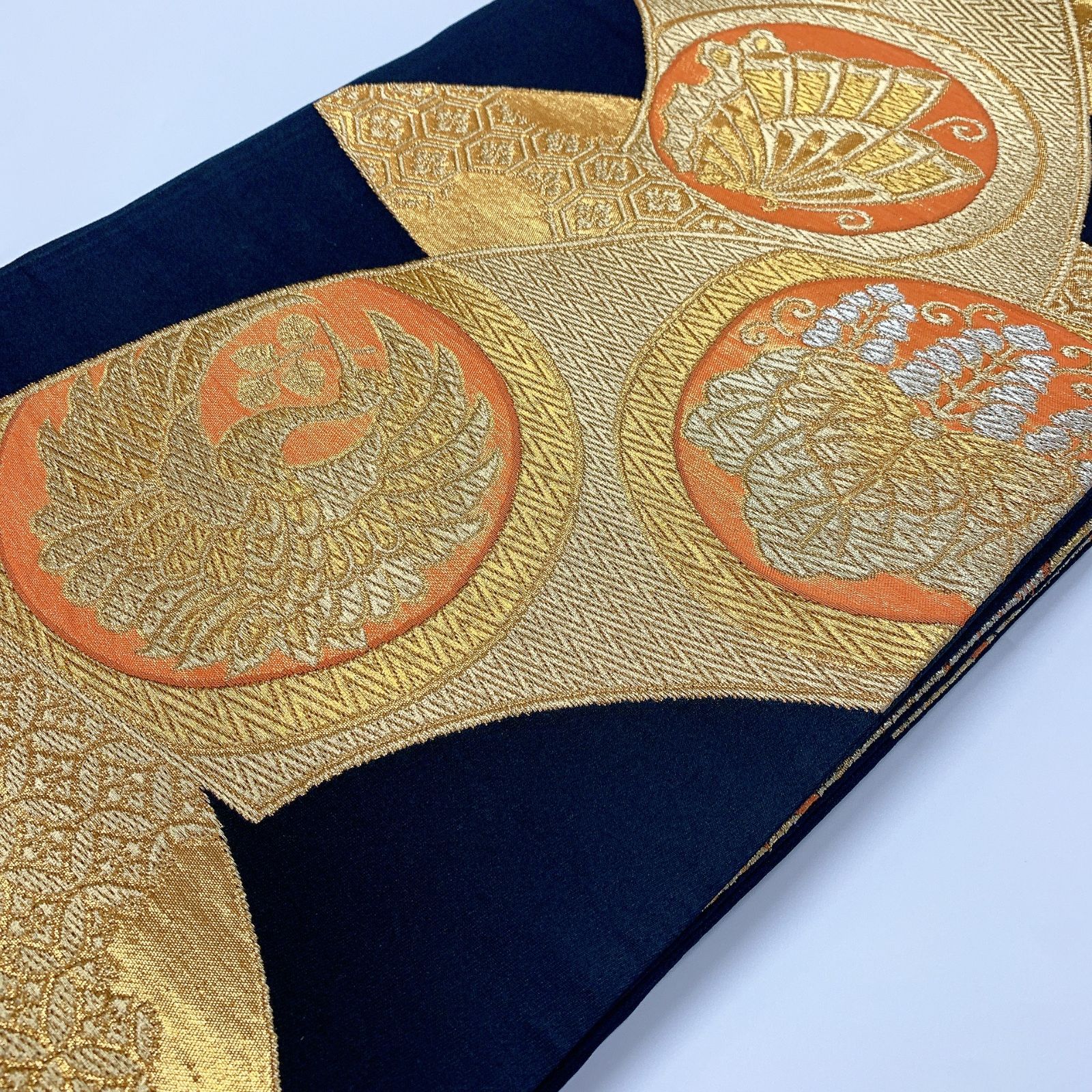 6063］袋帯 扇桐鳳凰蝶吉祥文様 金糸 六通 未仕立て 黒 正絹 着物