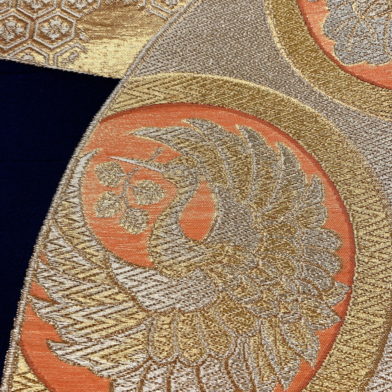 6063］袋帯 扇桐鳳凰蝶吉祥文様 金糸 六通 未仕立て 黒 正絹 着物