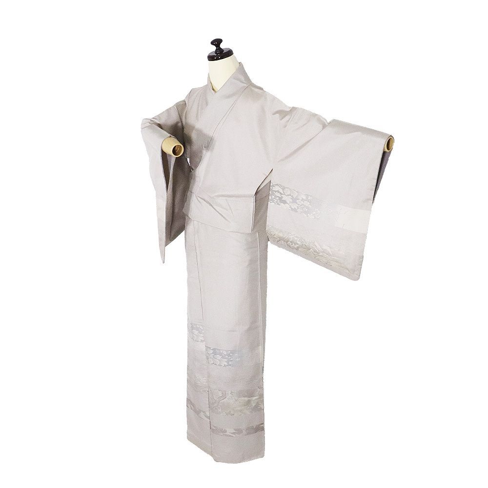 白大島紬 よこそ 訪問着 袷 正絹 薄グレー クリーム 草花 葉柄 横縞 9号 Lサイズ ki 31346 レディース シルク ギフト