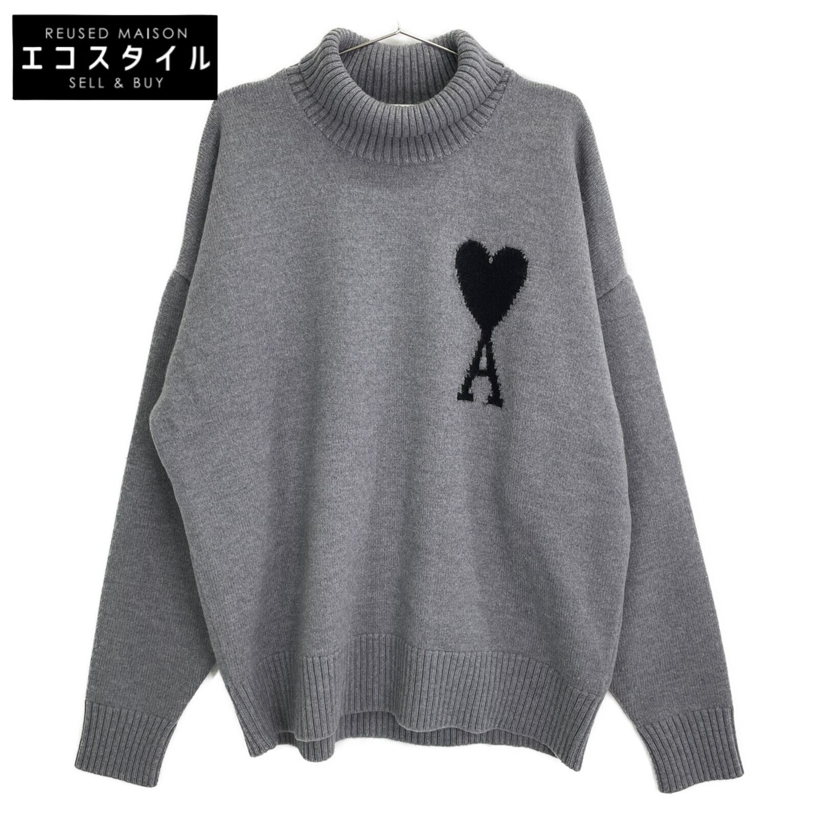 AMI PARIS アミパリス UKS402.018 24AW ｸﾞﾚｰ×ｸﾞﾚｰ ﾊｰﾄﾛｺﾞﾀｰﾄﾙﾈｯｸﾆｯﾄ L