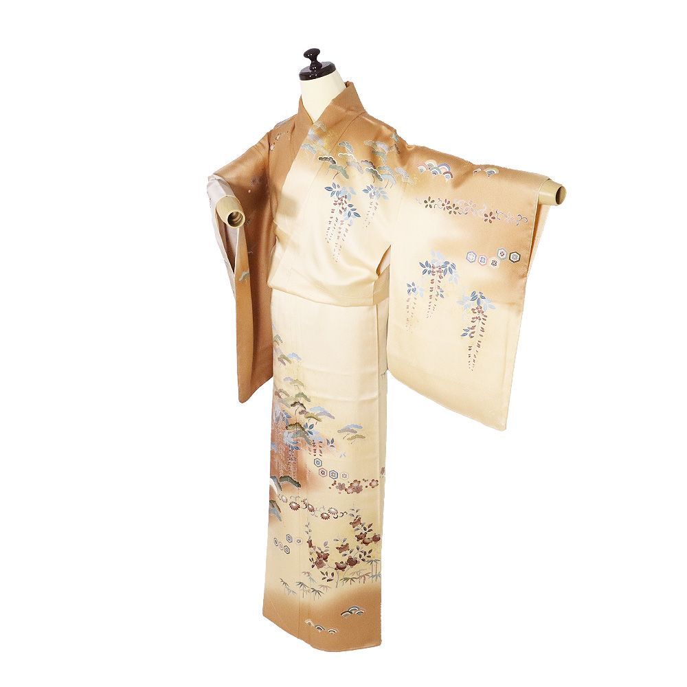 訪問着 袷 正絹 緑 ベージュ 茶色 赤茶色 暈し 松竹梅 藤 菊 橘 Mサイズ ki 31348 レディース シルク ギフト フォーマル