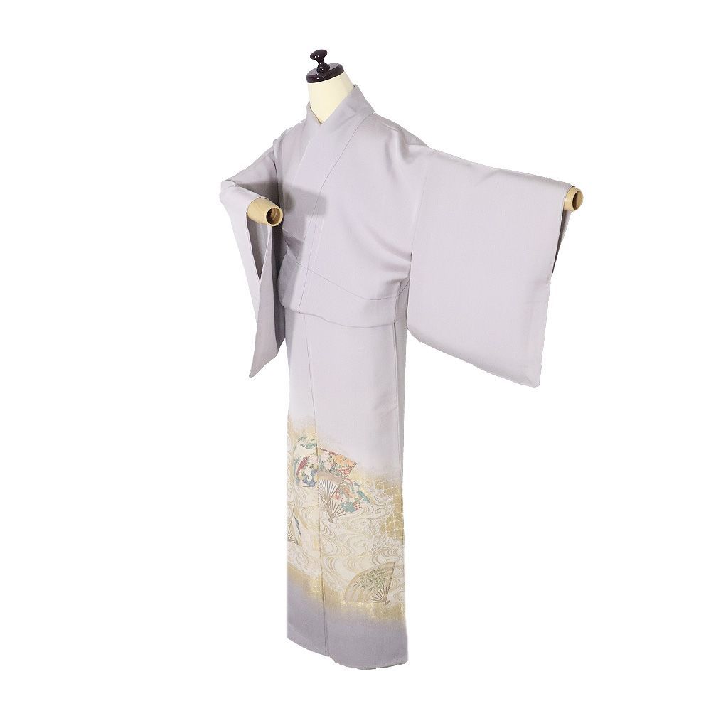 色留袖 袷 正絹 ライトグレー 寿光織 紅白鶴 松竹梅 桜 菊 Sサイズ