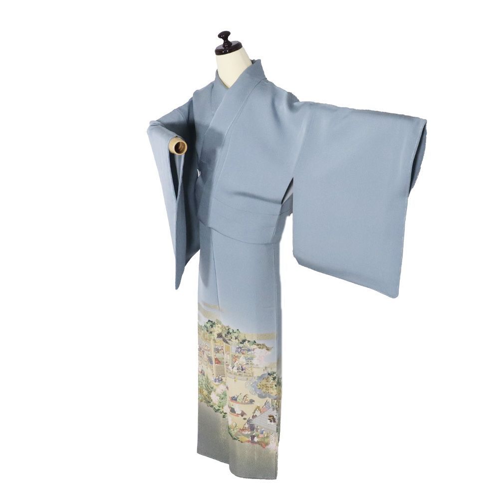 色留袖 袷 正絹 青グレー 寿光織 源氏物語 トールサイズ ki31351 未