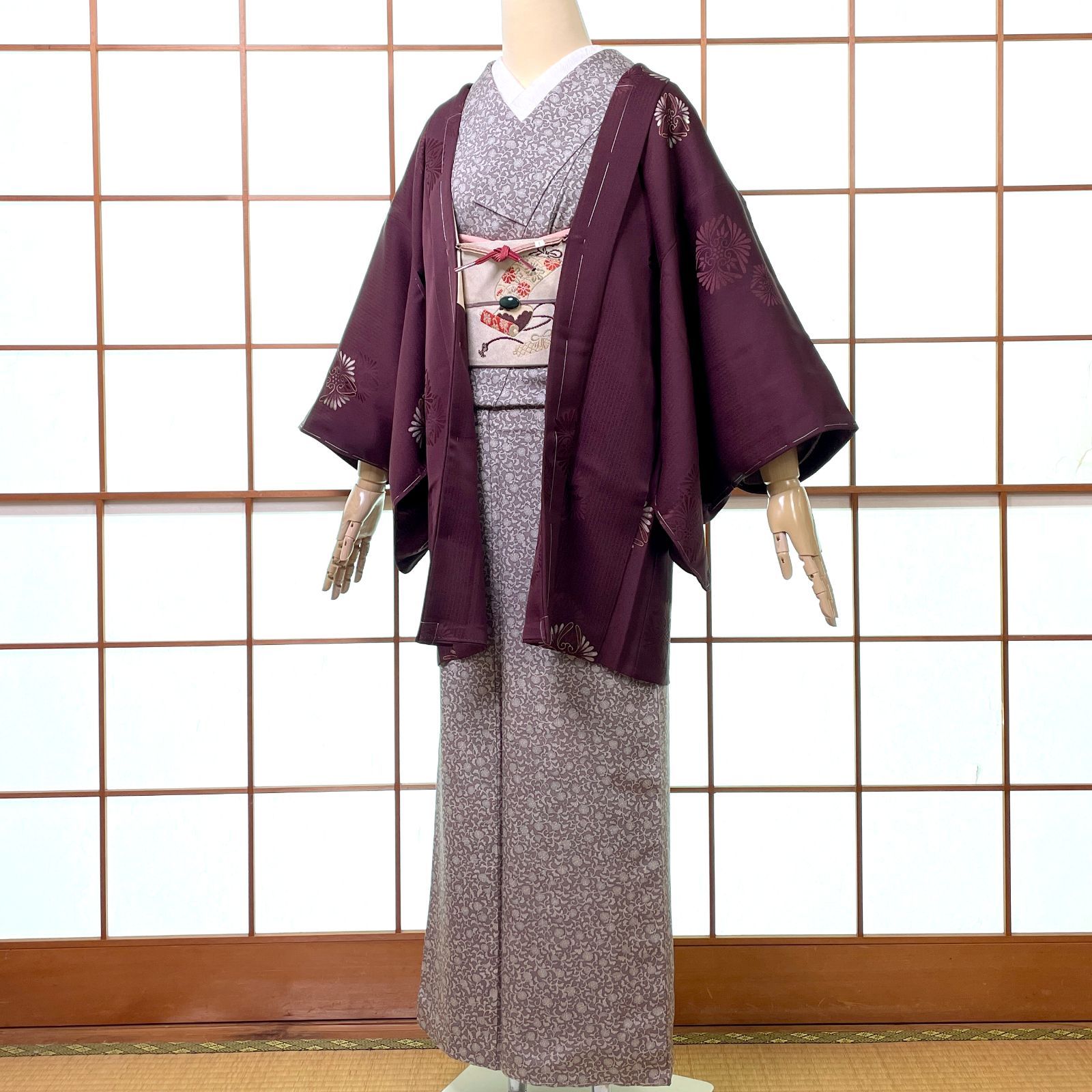 羽織 正絹 金彩 華紋 ストライプ 濃い葡萄色 羽織紐付き 着物 kimonolove オゾン消臭サービス A-2587