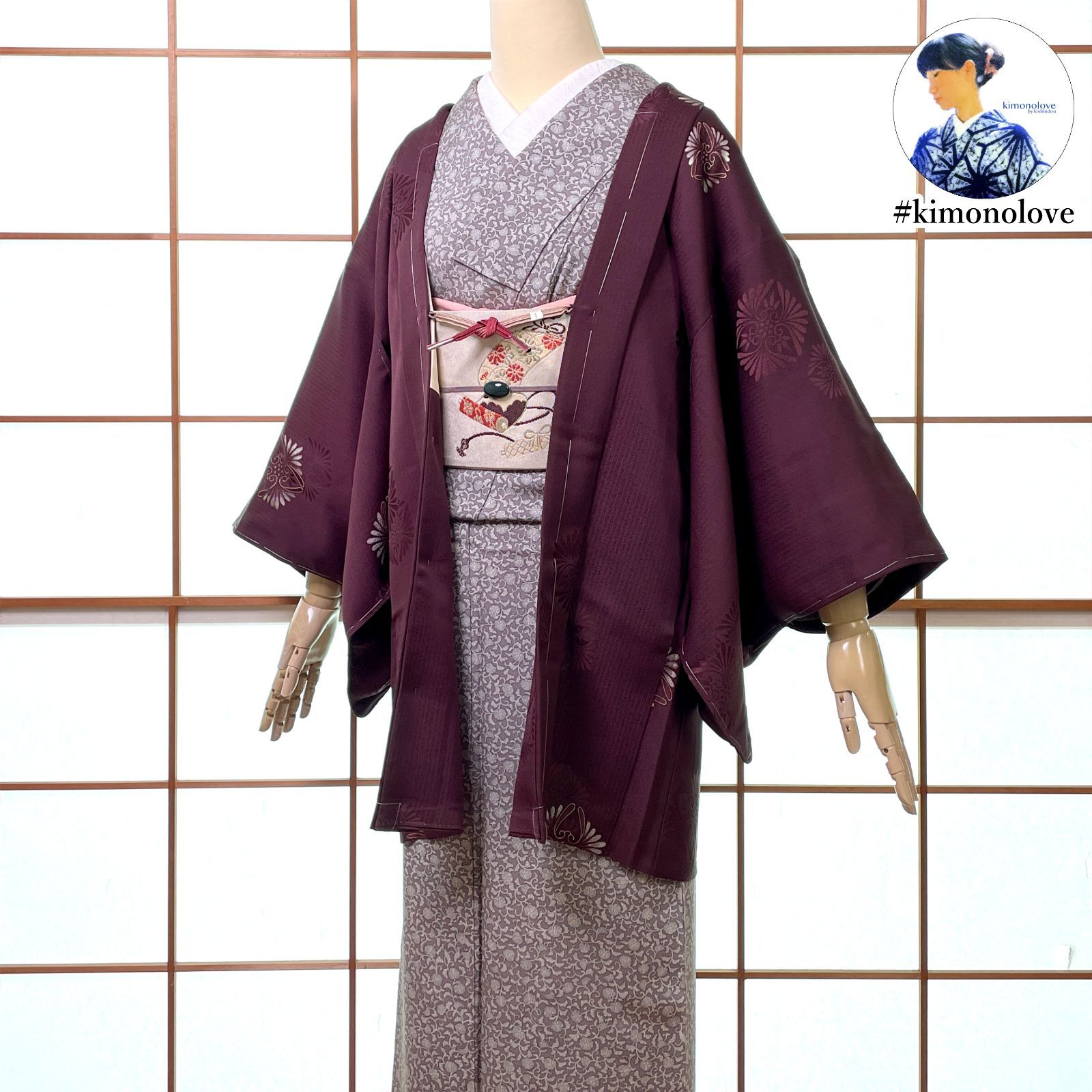 羽織 正絹 金彩 華紋 ストライプ 濃い葡萄色 羽織紐付き 着物 kimonolove オゾン消臭サービス A 2587