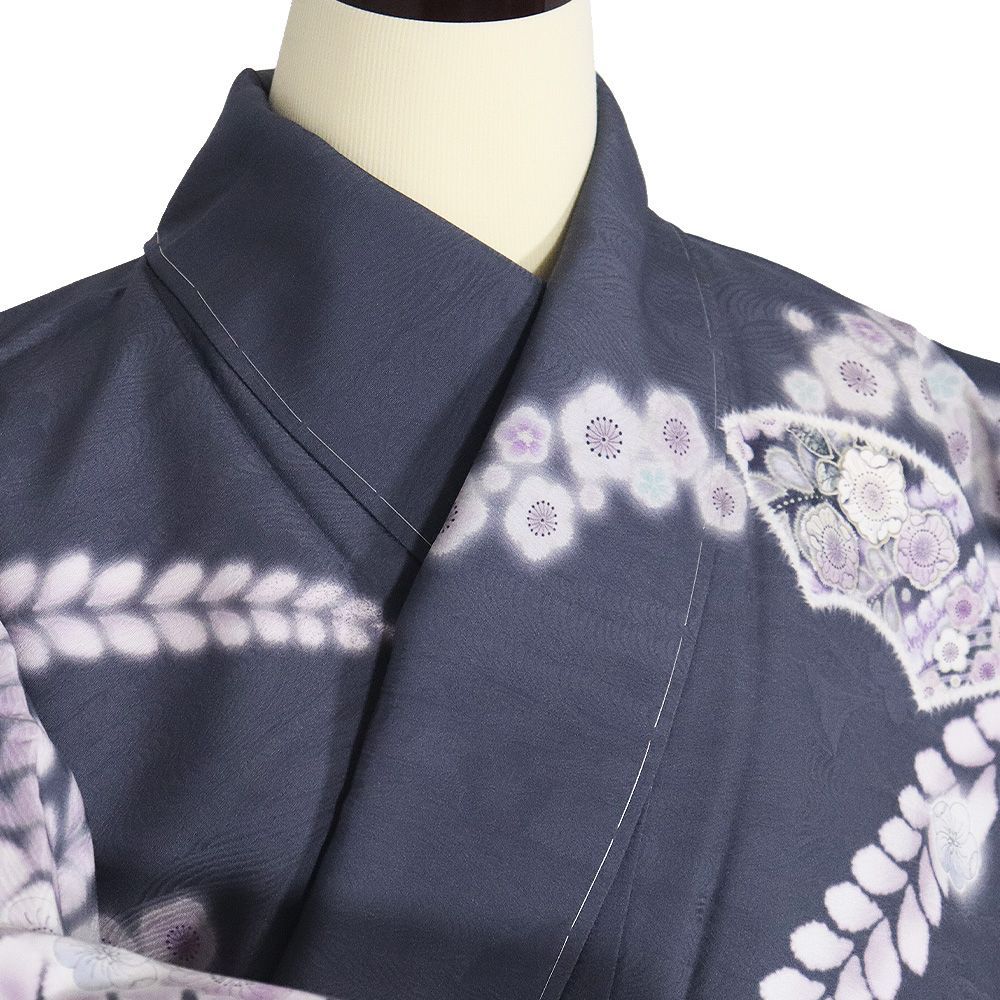  辻が花訪問着 袷 正絹 グレー紫 白 暈し 地紙文 雪輪文 辻が花 桜 梅 Lサイズ ki 31397 レディース シルク ギフト フォーマル 訪問着 付け下げ 着物
