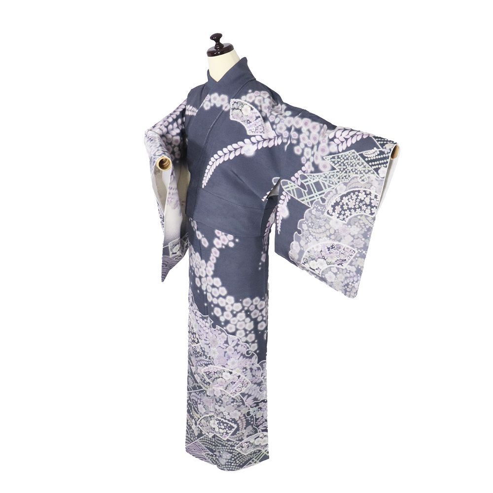 辻が花訪問着 袷 正絹 グレー紫 白 暈し 地紙文 雪輪文 辻が花 桜 梅 Lサイズ ki 31397 レディース シルク ギフト フォーマル