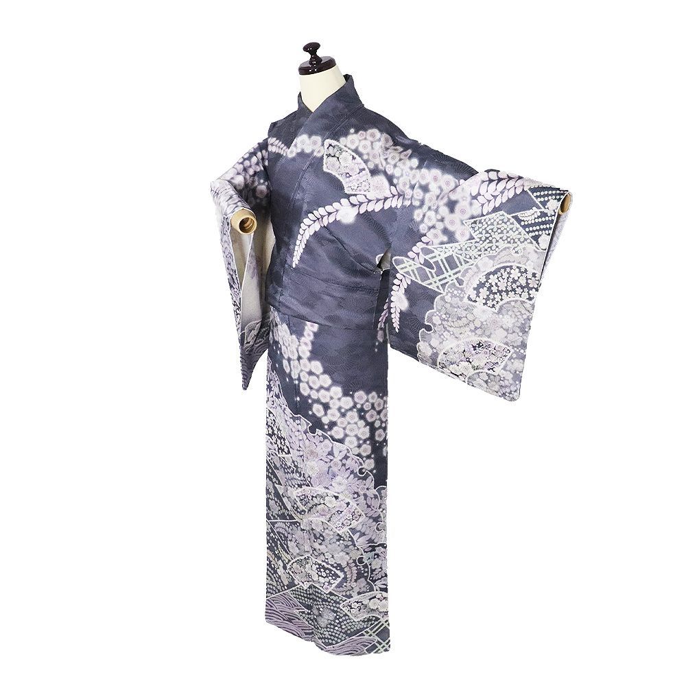 辻が花訪問着 袷 正絹 グレー紫 白 暈し 地紙文 雪輪文 辻が花 桜 梅 トールサイズ ki 31398 レディース ギフト フォーマル