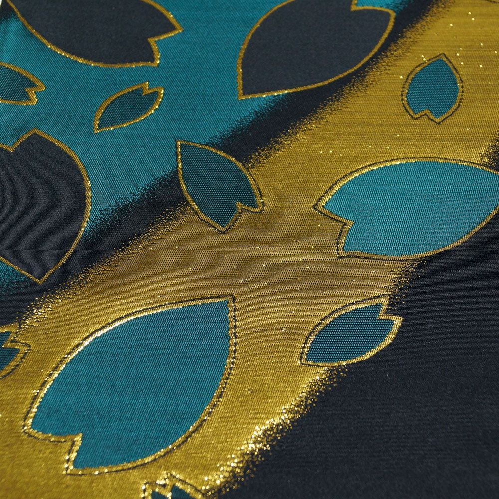  袋帯 振袖用 西陣織 桜の花びら模様 振袖向き 金糸 黒色系 六通柄 リサイクル 西陣 フォーマル リサイクル着物 帯 正絹 振袖 成人式 着物 袋帯 帯