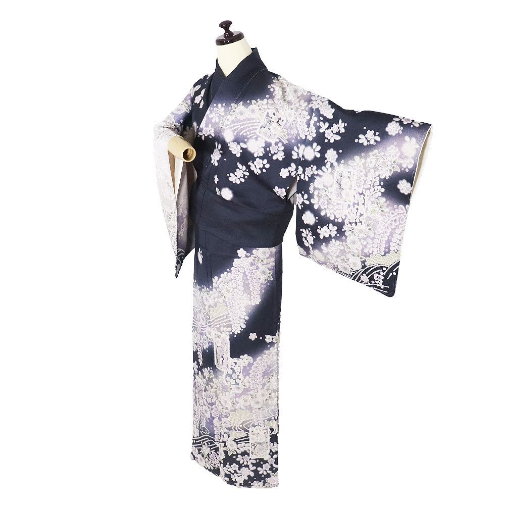 辻が花訪問着 袷 正絹 黒 紫 薄紫 暈し 短冊文 辻が花 桜 菊 トールサイズ ki 31400 レディース シルク ギフト フォーマル