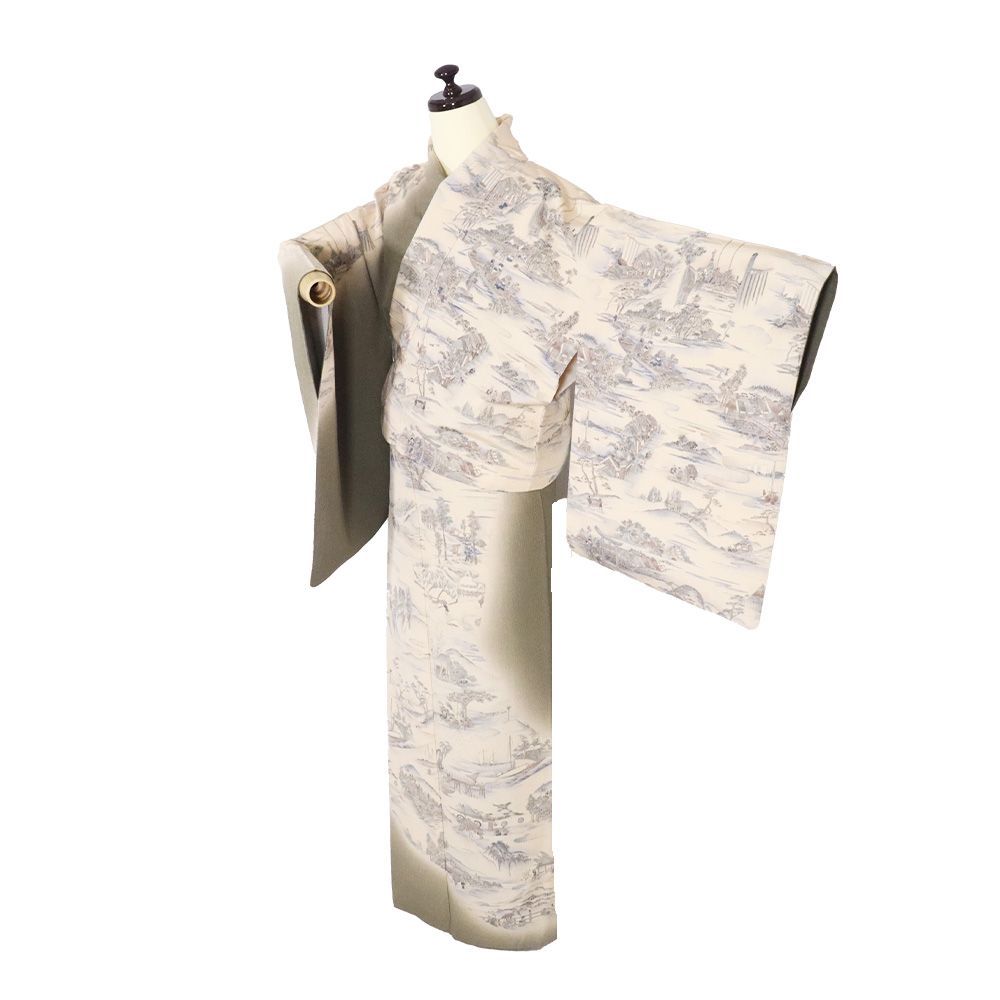 訪問着 袷 正絹 ベージュ 緑 暈し 東海道五十三次 浮世絵 トールサイズ ki 31353 レディース シルク ギフト セミフォーマル