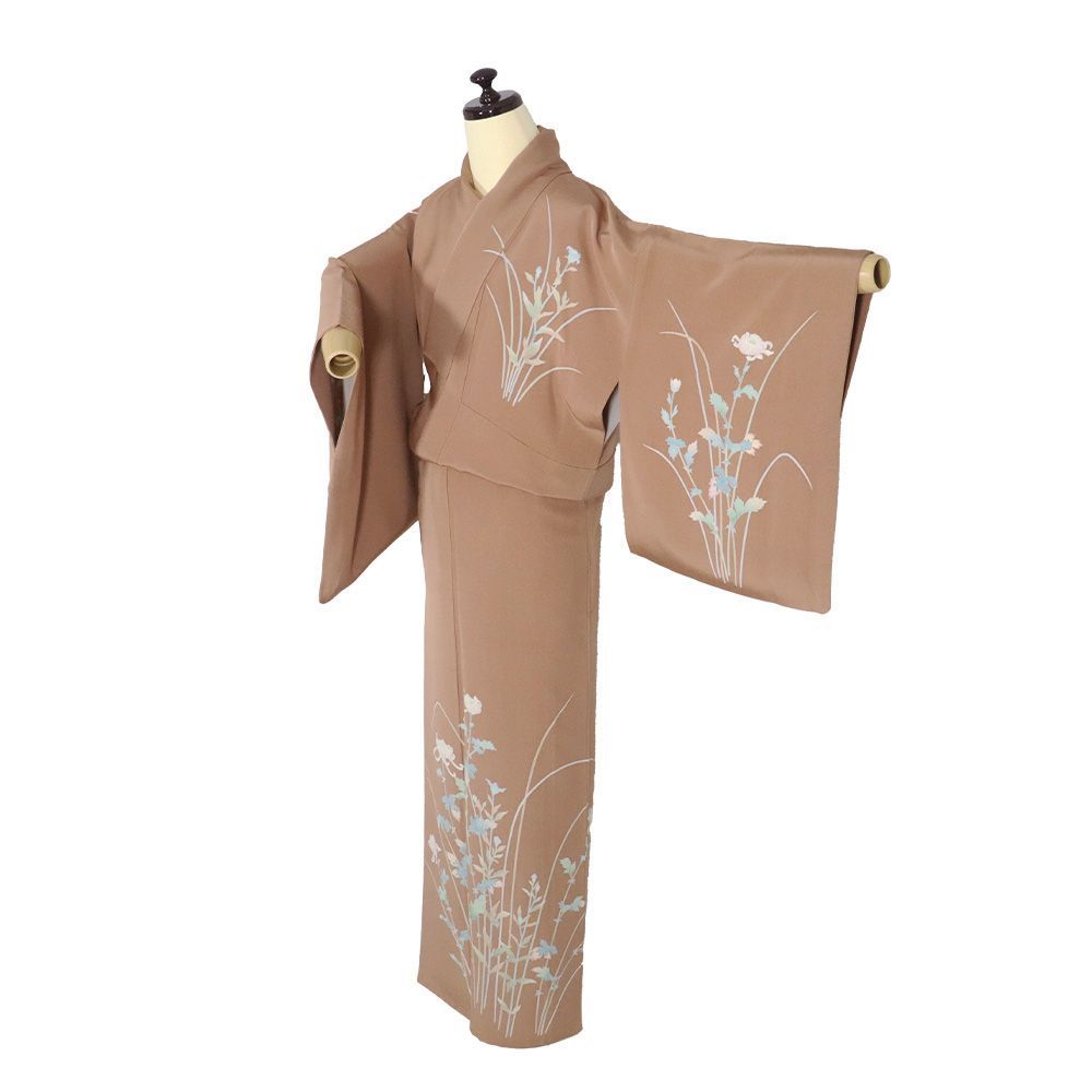 本加賀友禅 竹内銀風氏作 訪問着 袷 正絹 小豆色 手描き友禅 菊花 S