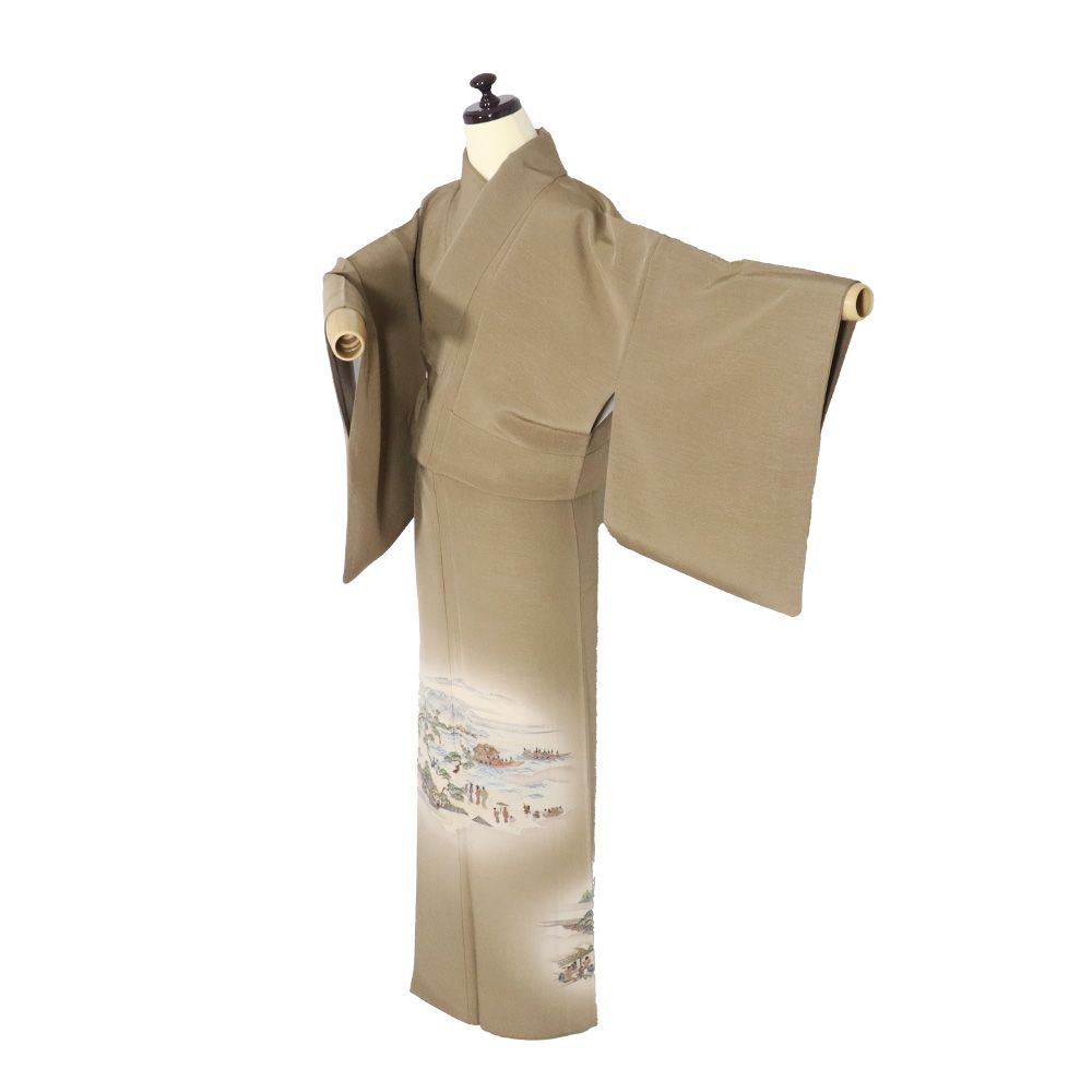 訪問着 袷 正絹 茶色 ベージュ 暈し 刺繍 京嵐山 渡月橋風景 Mサイズ ki 31372 レディース シルク ギフト フォーマル