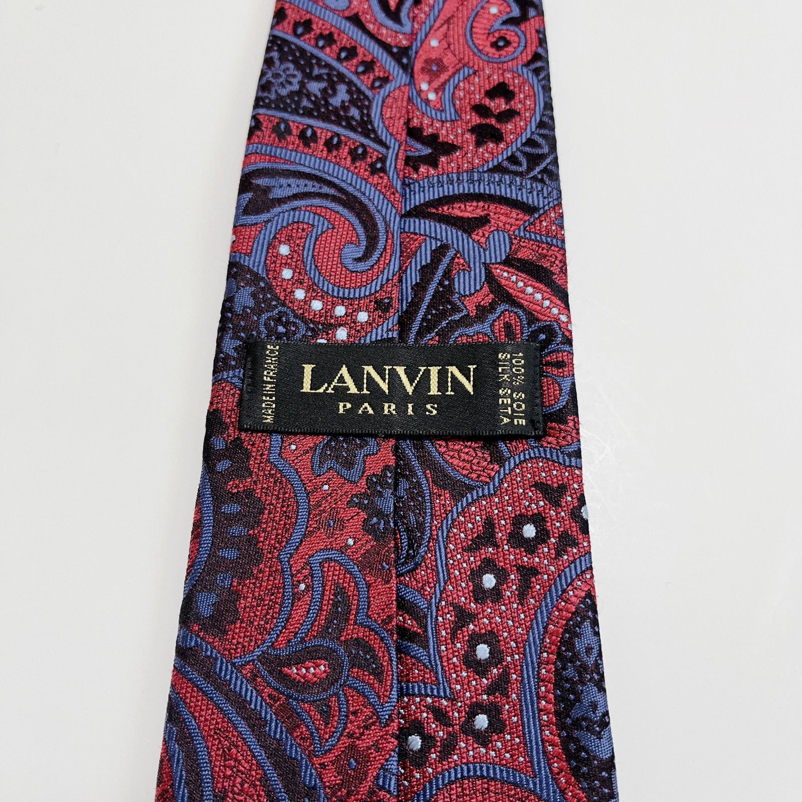 LANVIN ネクタイ ネイビー レッド ペイズリー柄 光沢 総柄 美品 ランバン ネクタイ ハイブランド ペイズリー柄 光沢 ジャガード