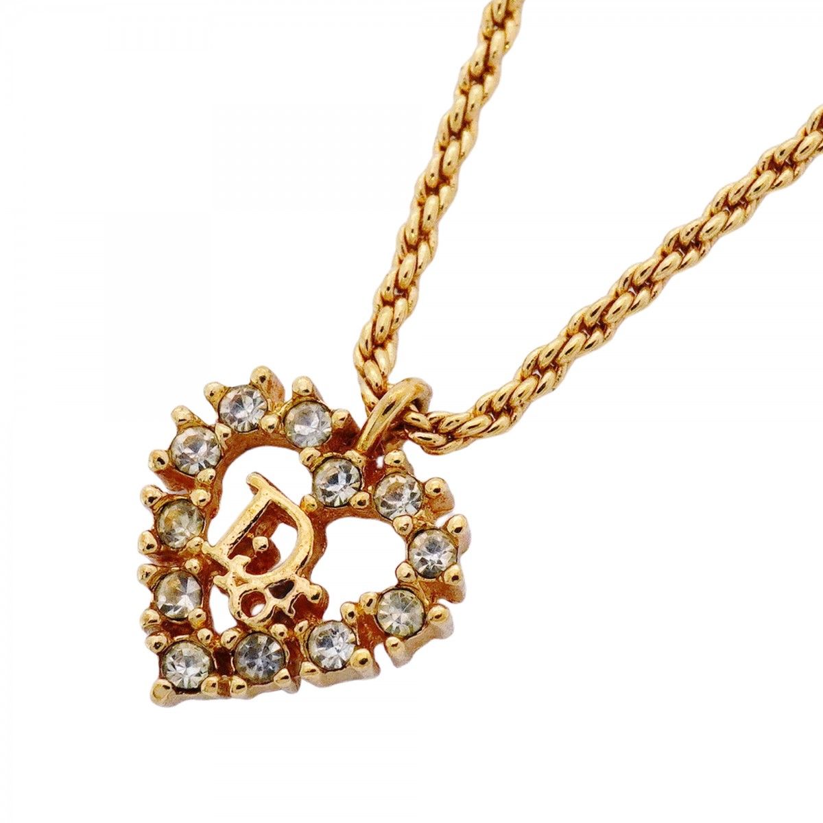 5 job 0532 クリスチャンディオール ネックレス ディオールロゴ ハートモチーフ GPメッキ ラインストーン ゴールド レディース