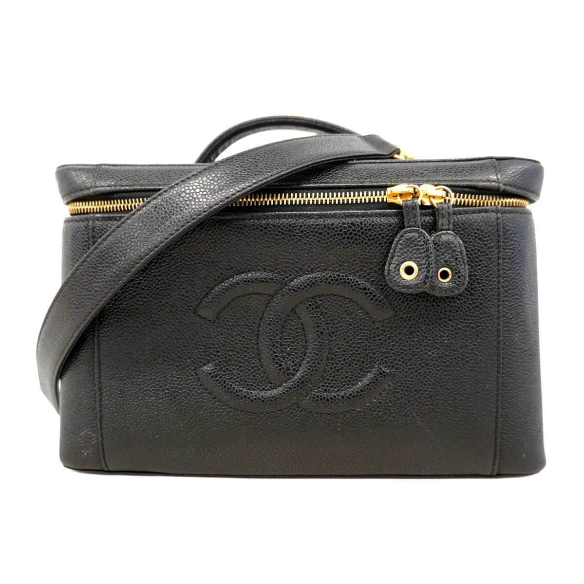 5 oe 6001-h シャネル バニティバッグ キャビアスキン ブラック ゴールド金具 2 wayバッグ レディース