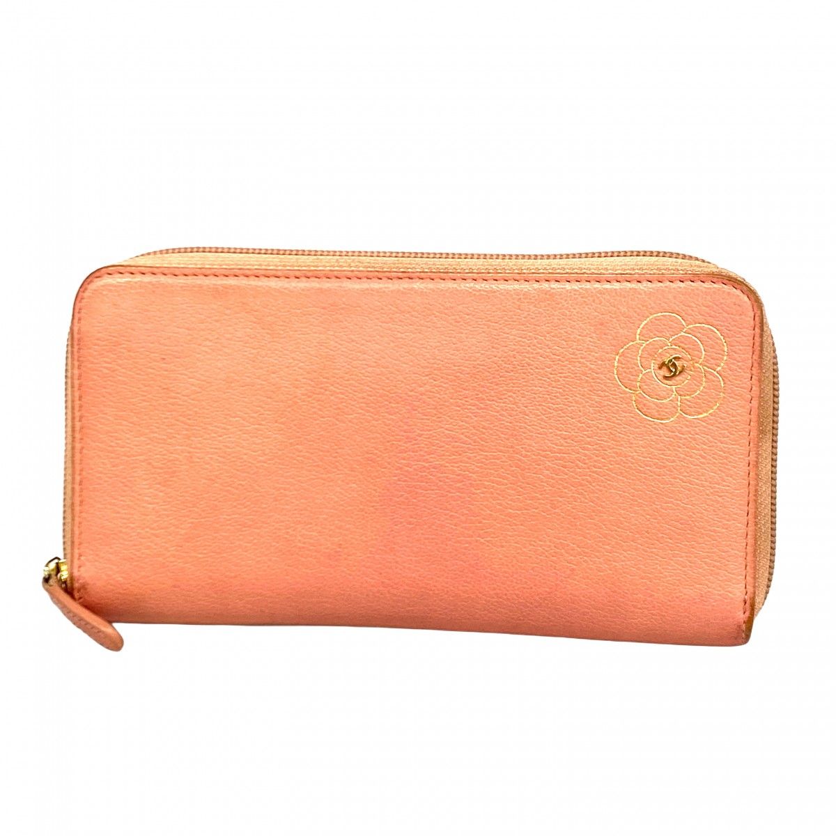 CHANEL オレンジ カメリア 長財布 5oe5697-h】シャネル 長財布 カメリア レザー ピンク ゴールド金具