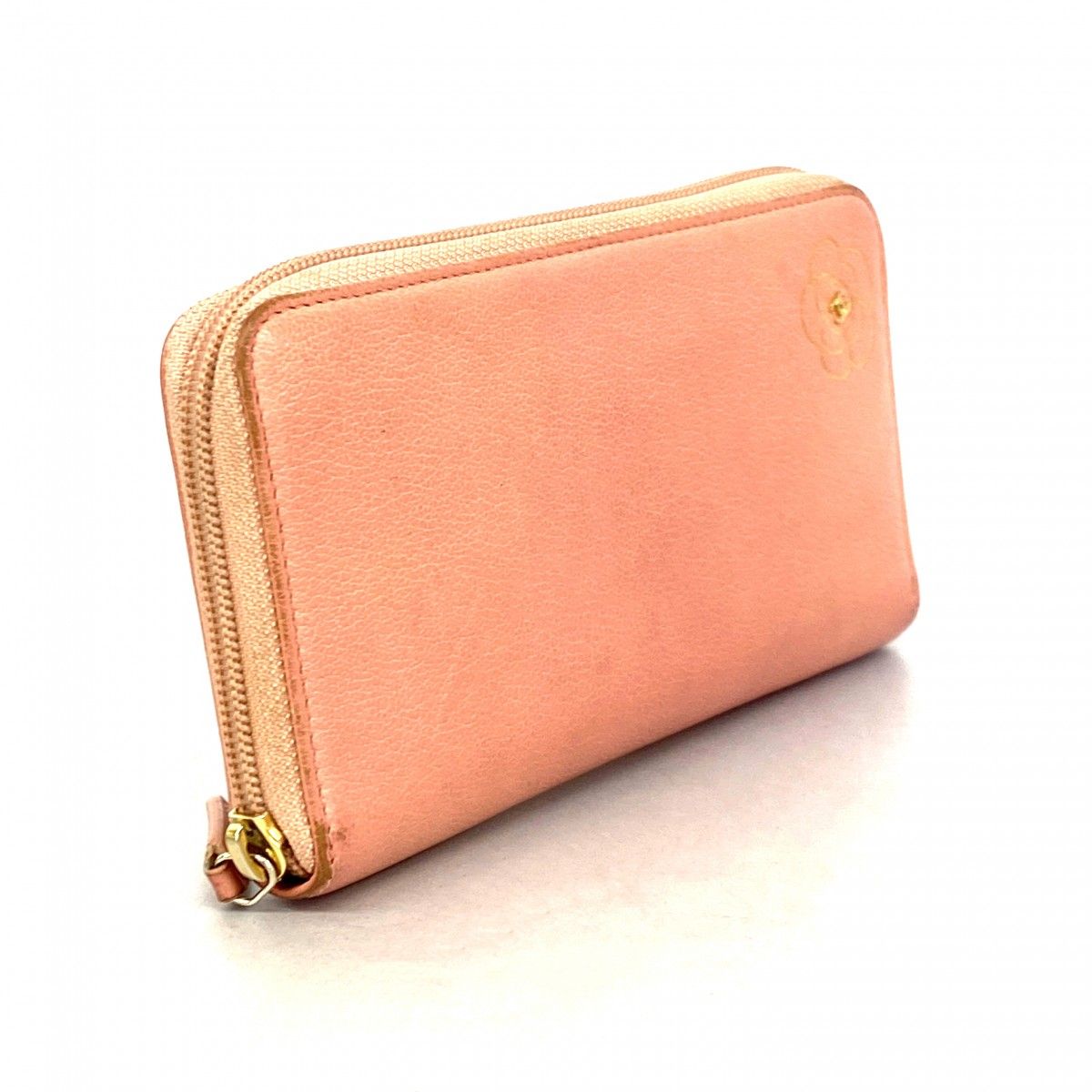 5oe5697-h】シャネル 長財布 カメリア レザー ピンク ゴールド金具