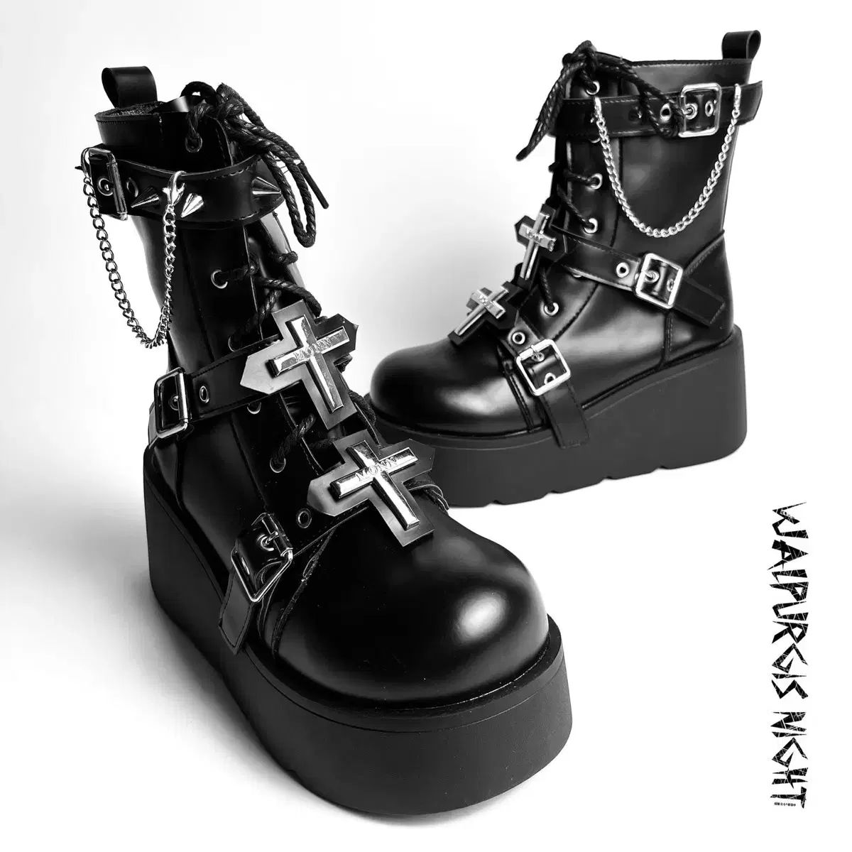 十字架厚底パンクウォーカーブーツ靴