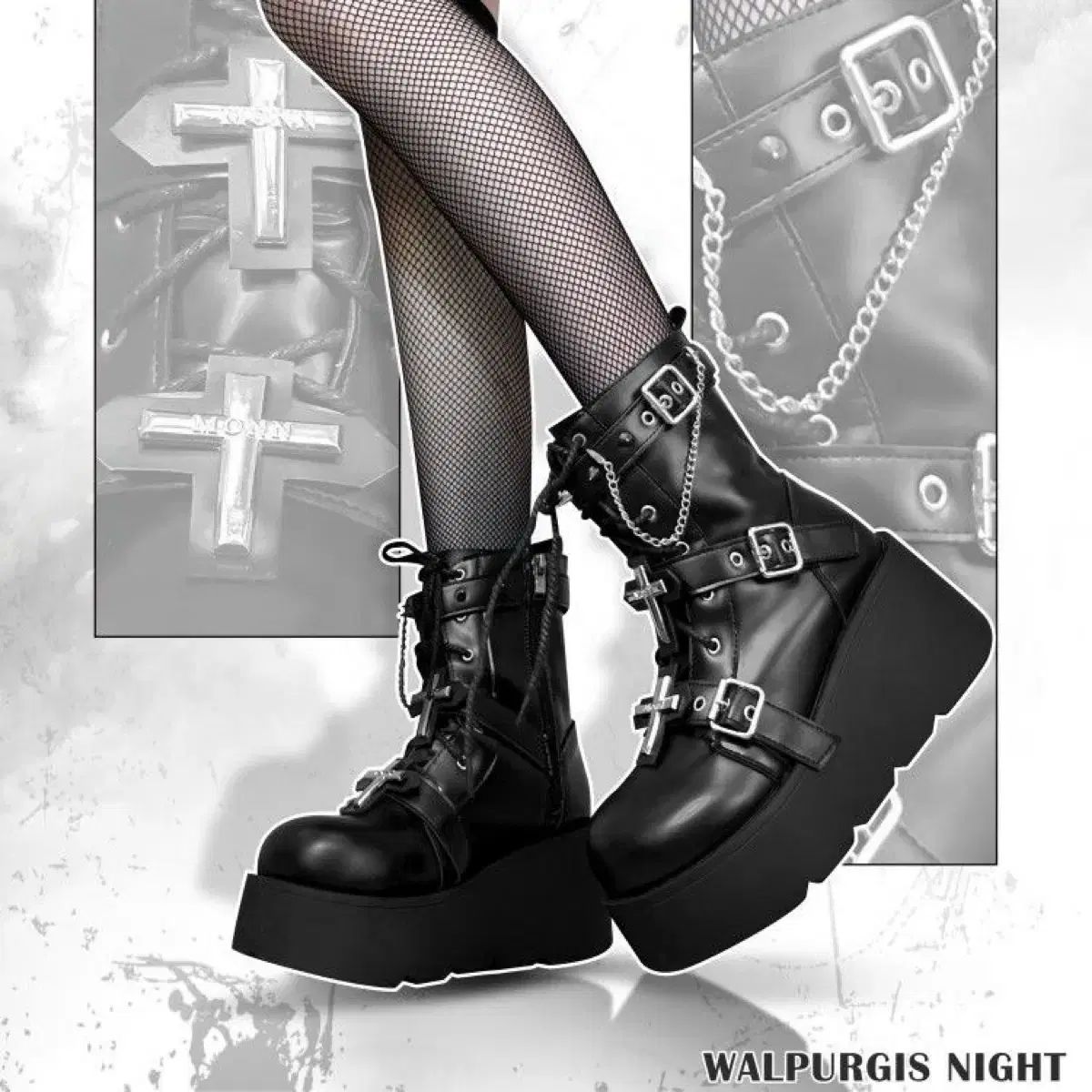 十字架厚底パンクウォーカーブーツ靴