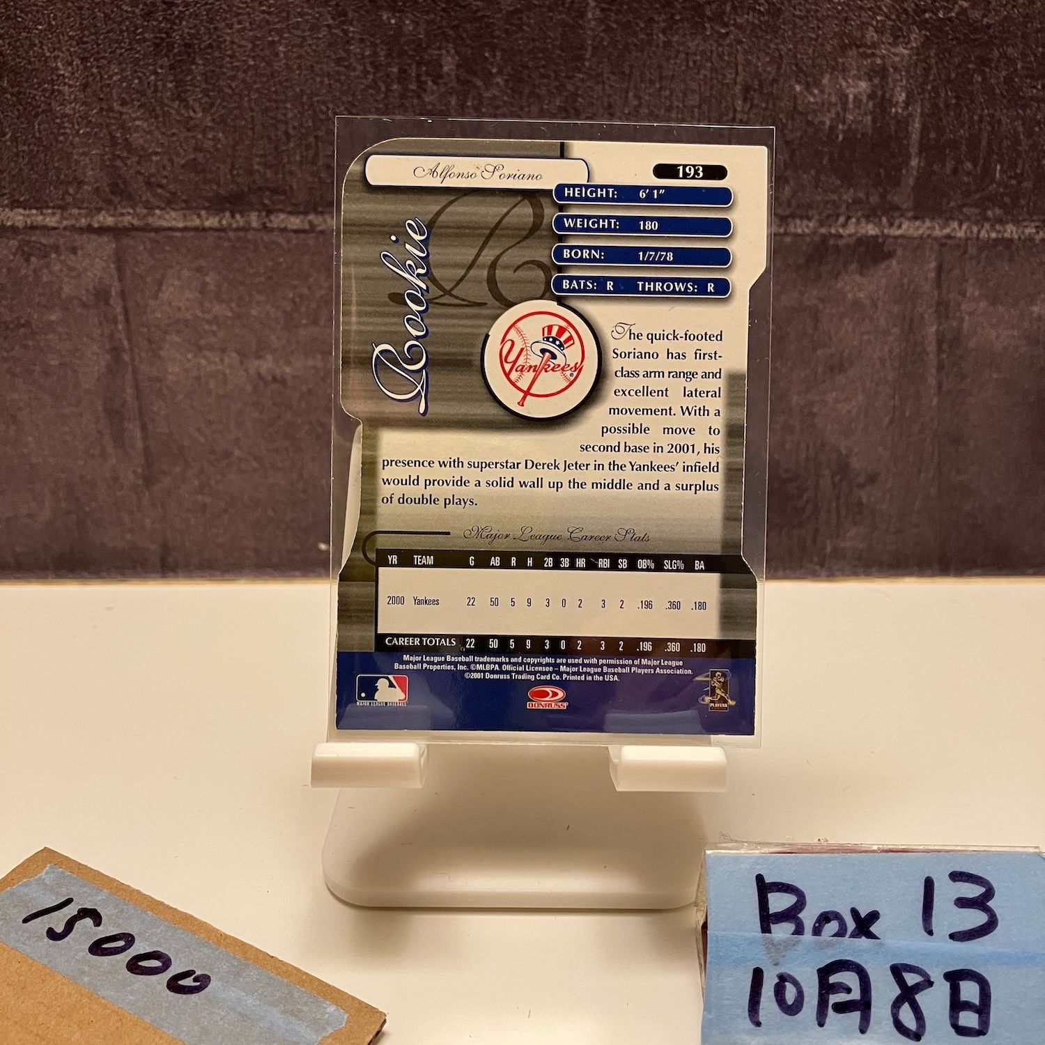 2001 Donruss Elite Alfonso Soriano 0006 1000 York Yankees Turn of the Century Rookie カード