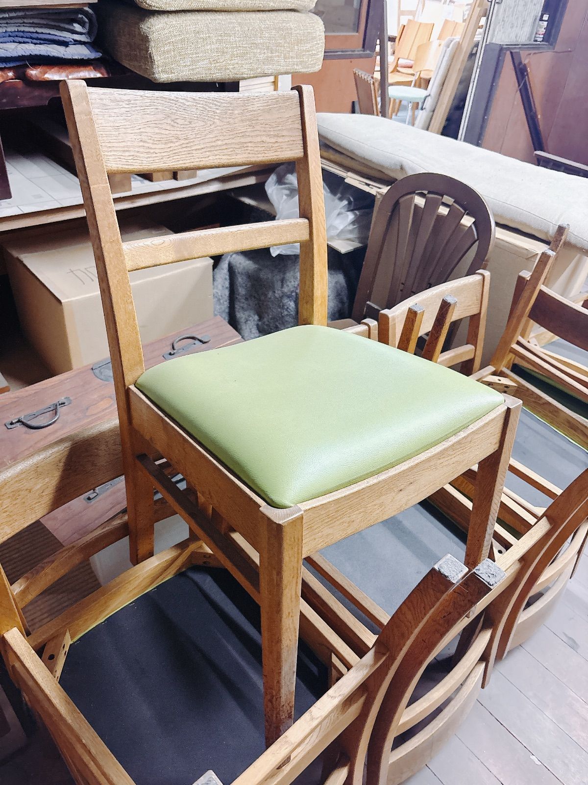 店舗用椅子2個セット 木製椅子グリーン