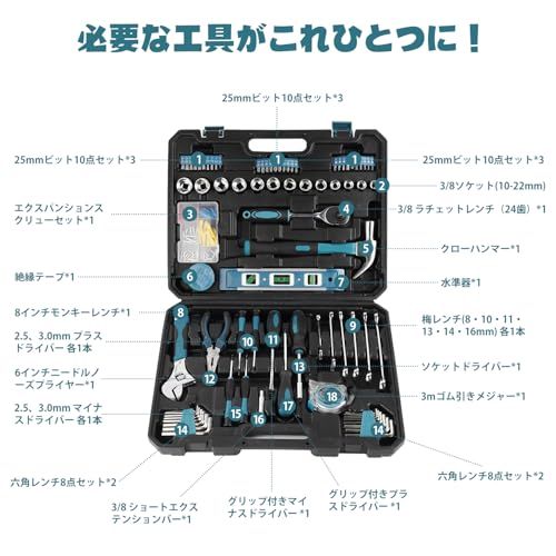  工具セット ツールセット 108点 ホームツールキット 工具箱 家庭用 DIY 自転車 バイク 整備 家具組み立て 家庭修理 車載工具 収納ケース付き 4.1 キログラム ac 9 a 1 0 f その他 キッチン 食器