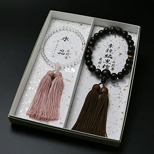 京仏壇はやし ペア数珠 男性用数珠 正絹 頭房 黒檀 素挽き ２天 虎目石 女性用数珠 本水晶 ３天 ローズクォーツ 数珠袋セット M 036 W 040 京都 念珠 すべての宗派でお使いいただける 男女セット 1696691 a