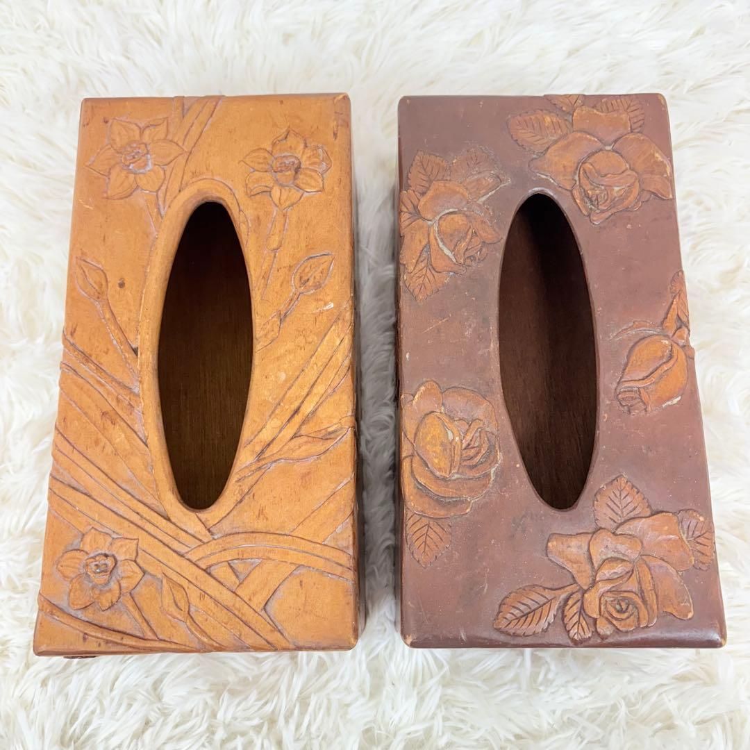 木製フローラルデザインティッシュボックス2個セット 花柄 ティッシュ