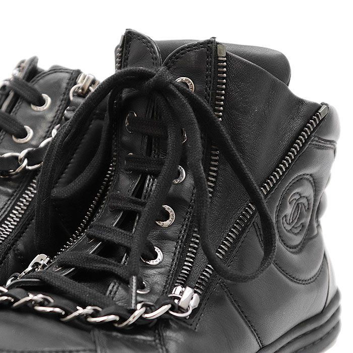  CHANEL シャネル レザースニーカー G 31316 COCOマーク ステッチ チェーン ミッドカット サイドジップ レースアップ シューズ 靴 レディース サイズ 38 ブラック 黒 イタリア製 スニーカー 靴