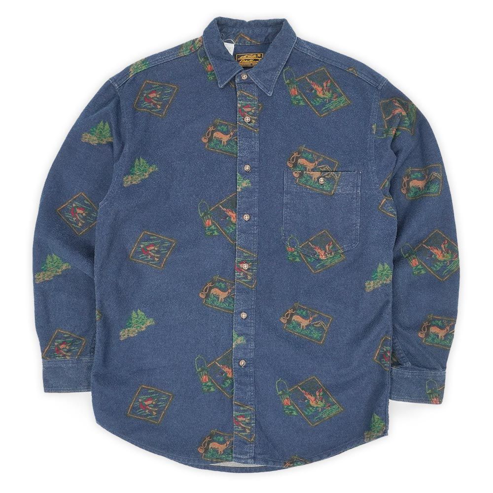 エディーバウアー Eddie Bauer 80s 80年代 シャモアクロス ワークシャツ レギュラーカラー 黒タグ 珍品 MADE IN USA アメリカ製 ヴィンテージ 古着 メンズ シャツ ネイビー系 総柄 M【】