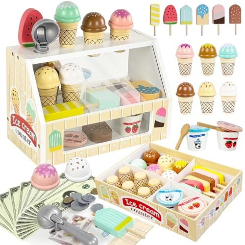 ままごと アイスクリーム屋さん 木製おもちゃ 知育玩具 モンテッソーリ ごっこ遊び キッチンセット 子供向け 女の子 男の子 プレゼント ギフト 4 e 361898
