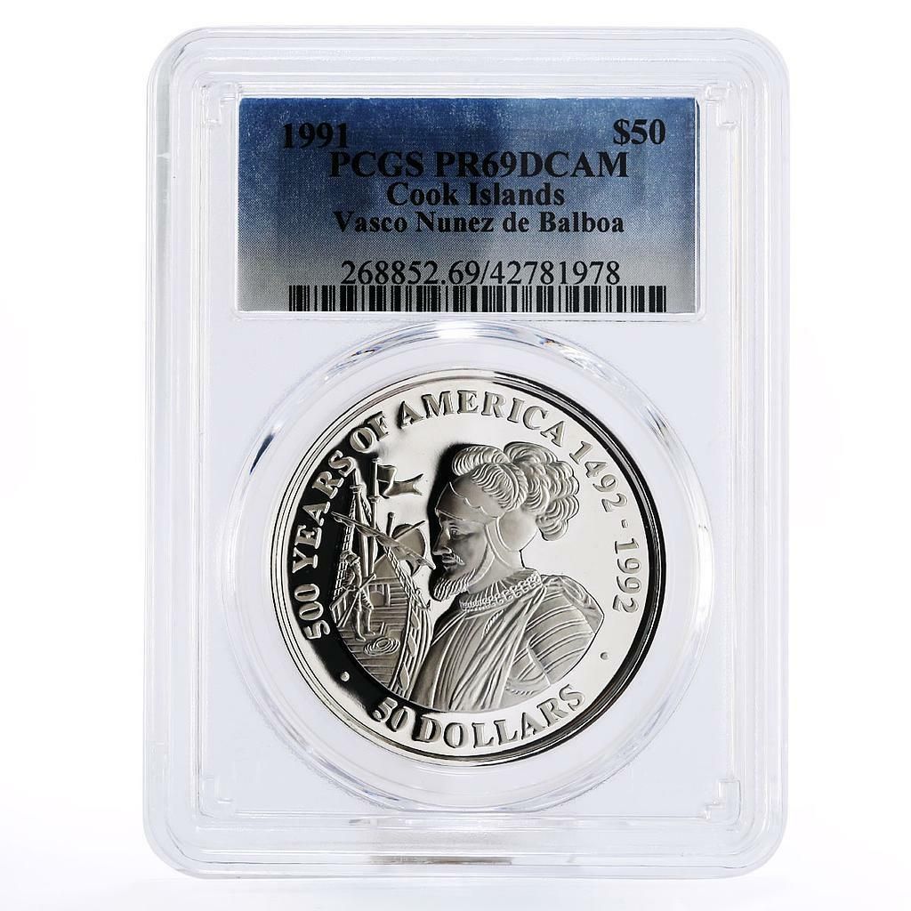 コレクション 1991 Hawaii 50th Anniversary Silver Coin クック諸島 50ドル バスコ・ヌニェス・デ・バルボア船 PR69 PCGS 銀貨