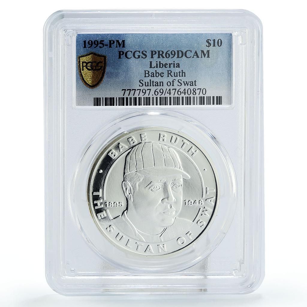 リベリア 10 ドル 野球選手 ベーブ ルース 100 周年記念 PR 69 PCGS 銀貨 1995 年