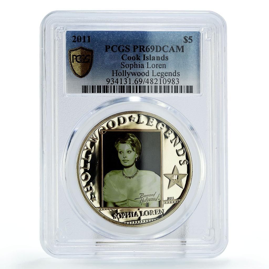 クック諸島 5ドル ハリウッド ソフィア ローレン映画 PR 69 PCGS 銀貨 2011年