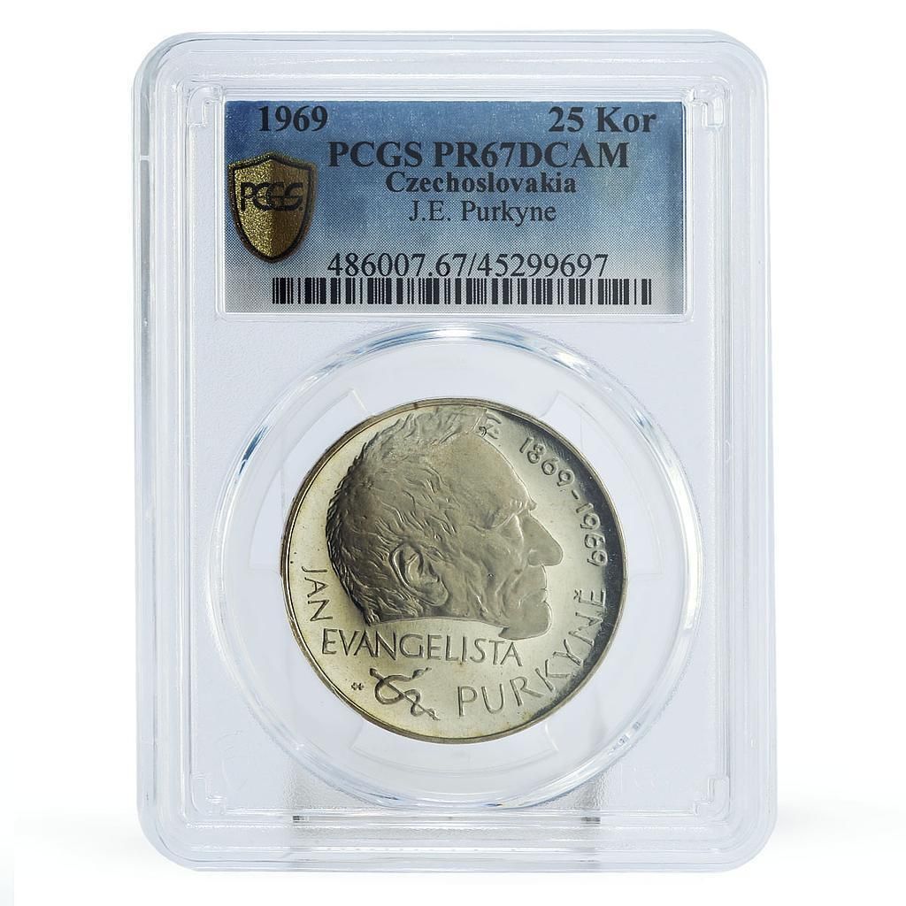 チェコスロバキア 25 コルン 100 周年記念プルカイン PR67 PCGS 銀貨