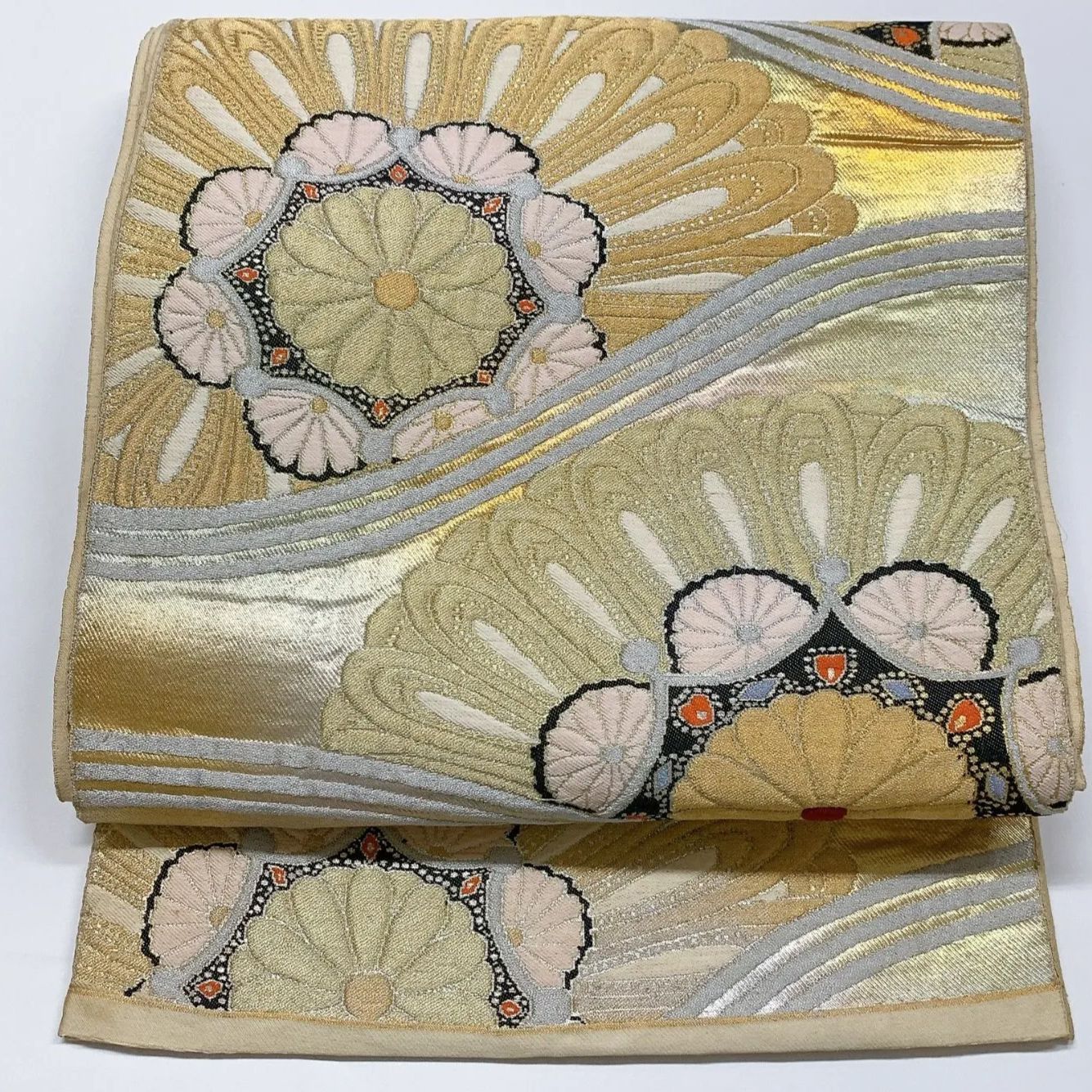 あつこママ様［4890］袋帯 美品 扇面舞鶴花 金銀彩 六通 正絹 着物 あつこママ様［4890］袋帯 美品 扇面舞鶴花 金銀彩 六通 正絹 着物