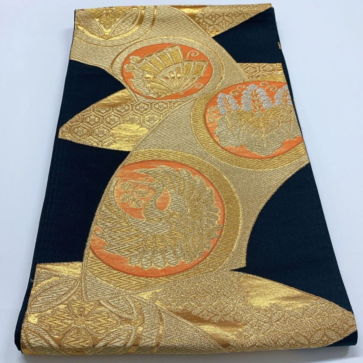 6063］袋帯 扇桐鳳凰蝶吉祥文様 金糸 六通 未仕立て 黒 正絹 着物