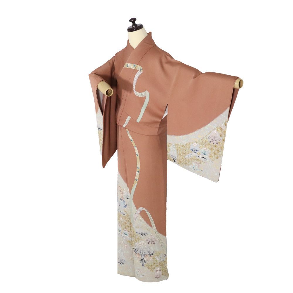 江戸友禅作家 水野保氏作 訪問着 袷 正絹 赤茶 鳳凰 唐花 菊 熨斗文 Mサイズ ki 31375 レディース シルク ギフト フォーマル