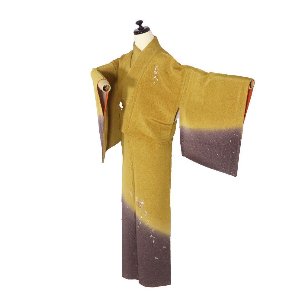 縮緬訪問着 袷 正絹 金茶 紫 暈し 刺繍 花籠 金箔ちらし Mサイズ ki 31376 レディース シルク ギフト フォーマル