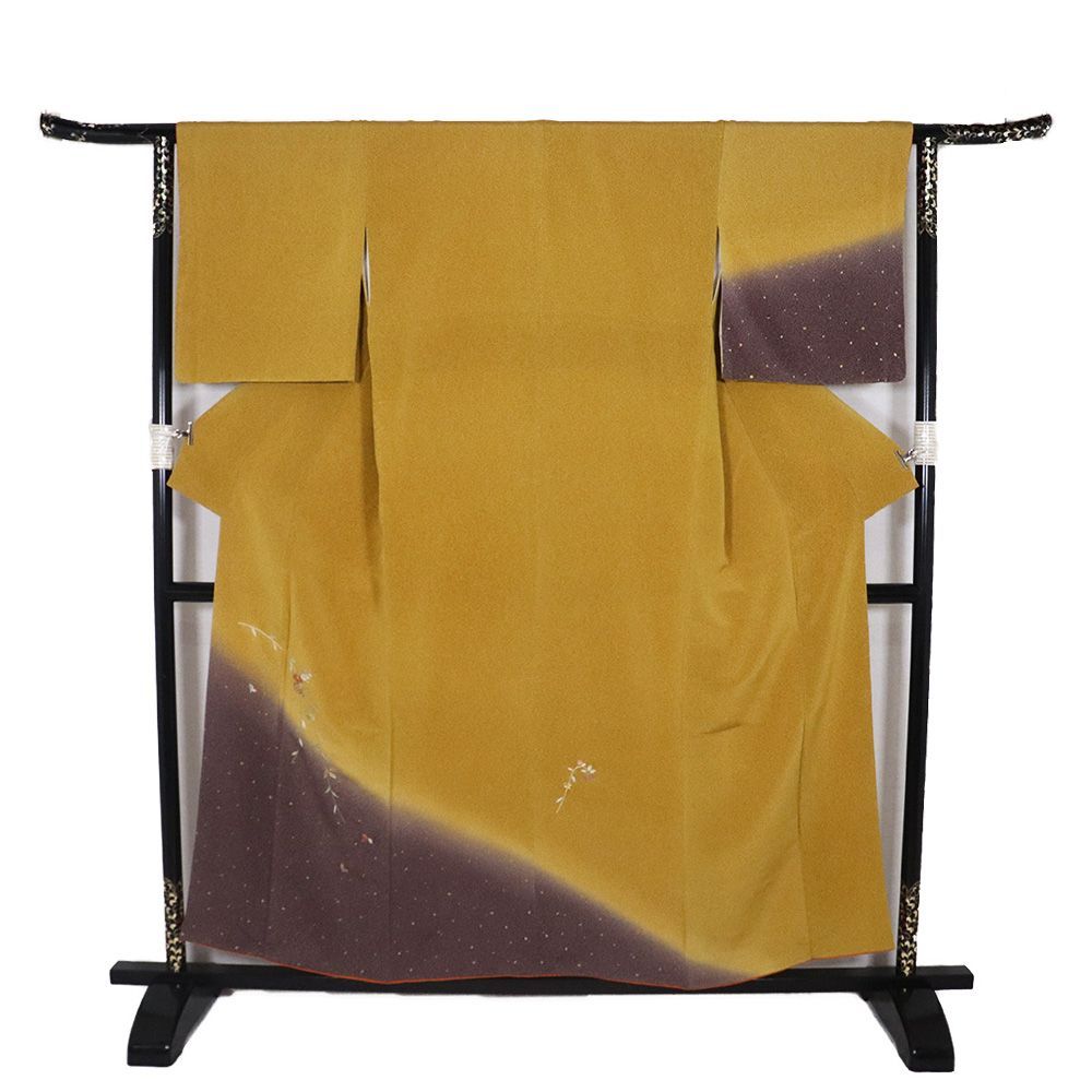  縮緬訪問着 袷 正絹 金茶 紫 暈し 刺繍 花籠 金箔ちらし Mサイズ ki 31376 レディース シルク ギフト フォーマル 訪問着 付け下げ 着物