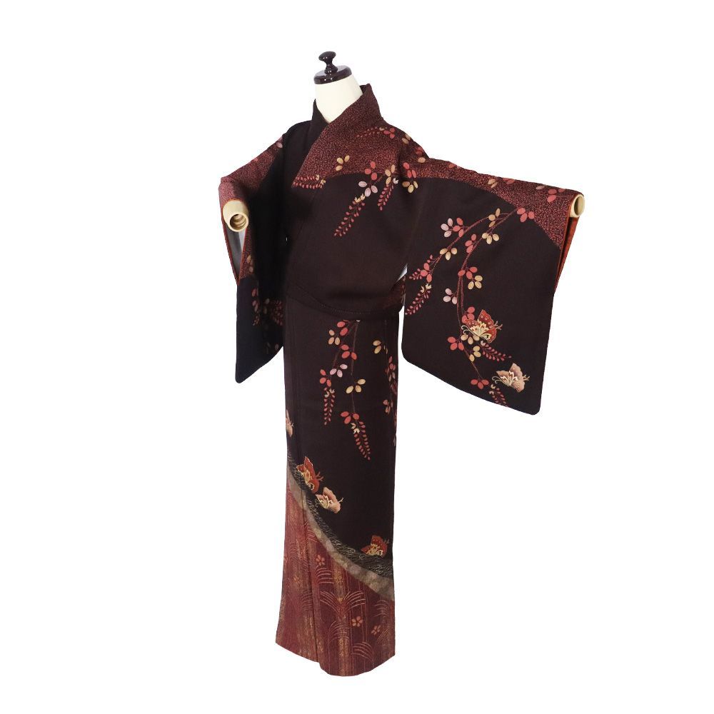 渡部弘氏作 訪問着 袷 正絹 濃紫 ローズピンク 金箔 蝶 大王松 梅 南天 露草 撫子 SSサイズ ki 31379 レディース フォーマル