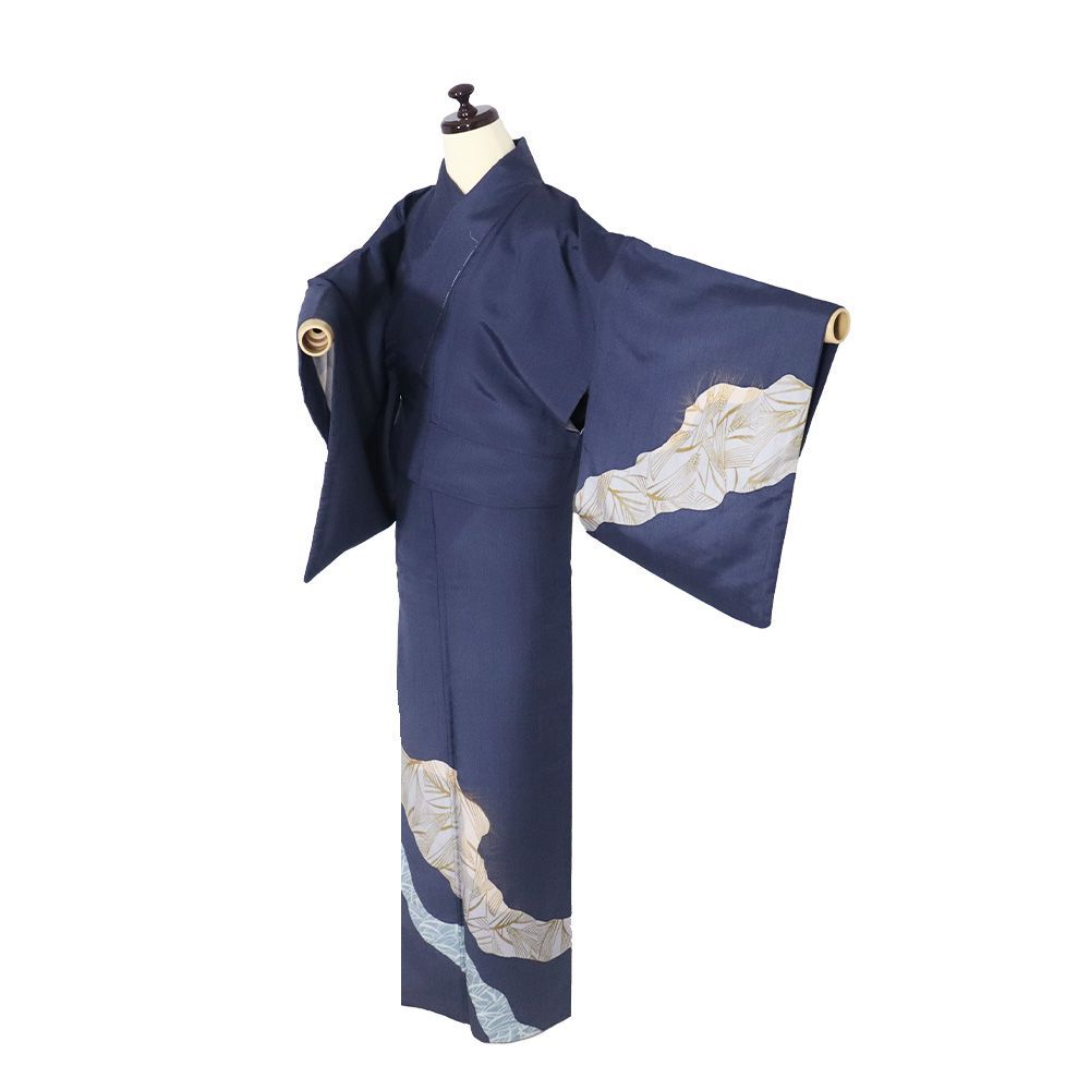京都印象派 京手描き友禅 橋本恵氏作 紬 訪問着 袷 正絹 紺 金箔 麦 Mサイズ ki 31380 レディース シルク 為書き入り
